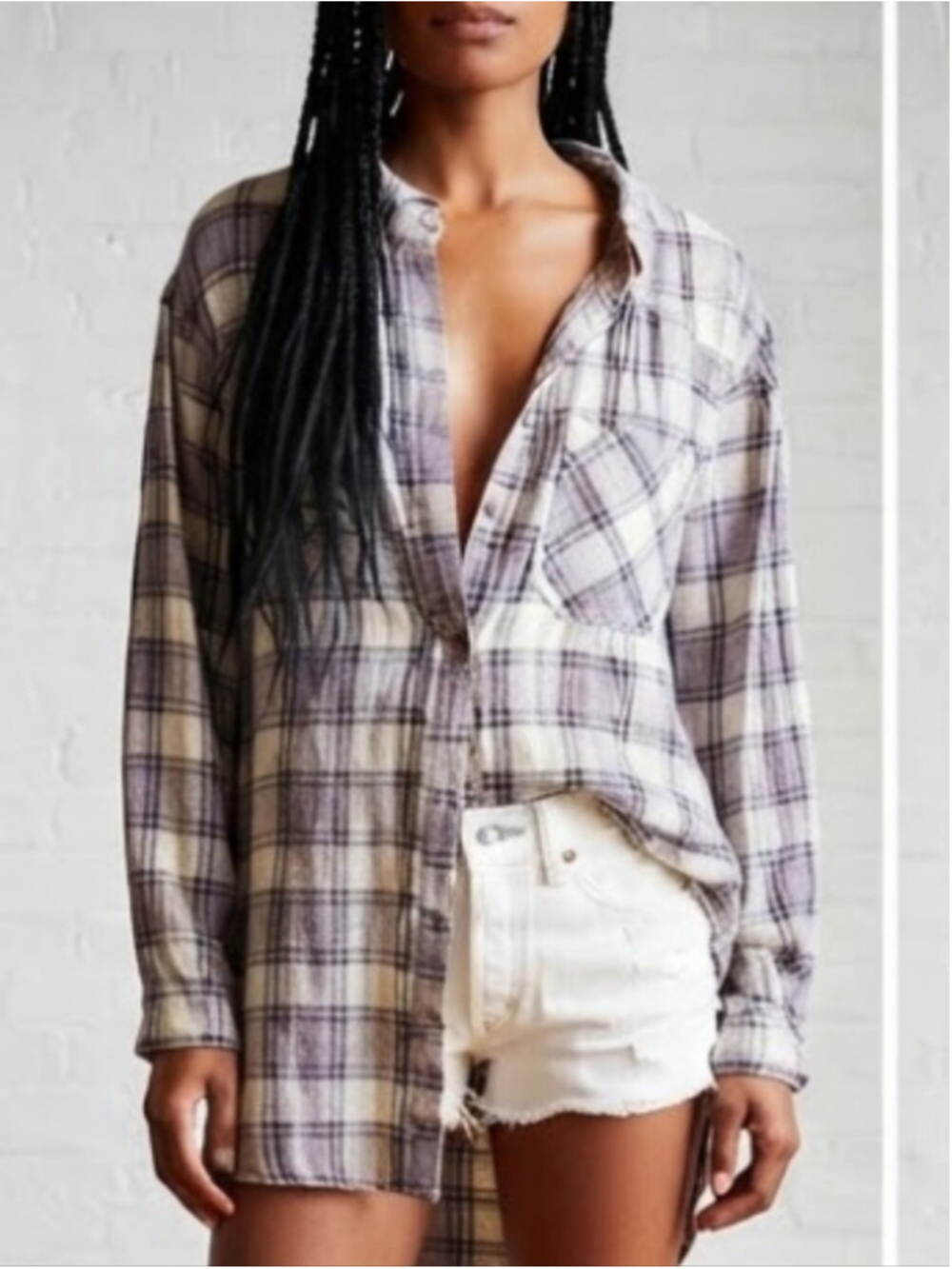Free People Oversized Wild Side Plaid Flannel Shirt Tunic Comfy Baggy Sz M Indie